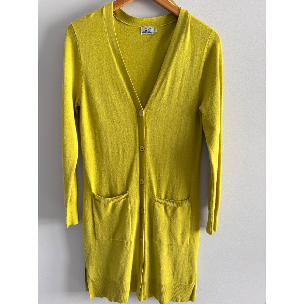 Cielo Chartreuse Longline Cardigan Sweater Womens Medium Yellow Green Button Up